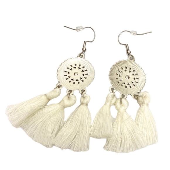 White Round Tassel Drop Earrings - Picture 2 of 3